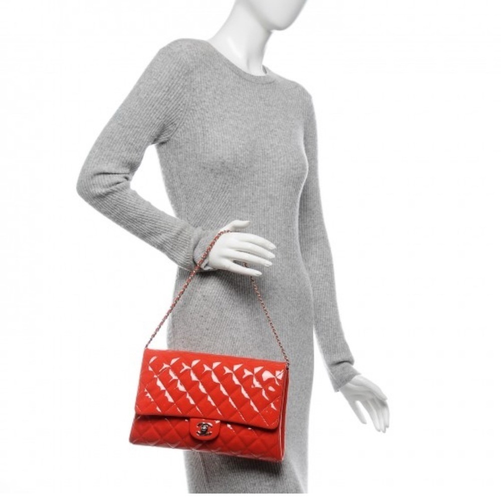 Gorgeous Chanel CC Quilted Patent Flap Clutch Chain Orange Silver Shoulder Bag